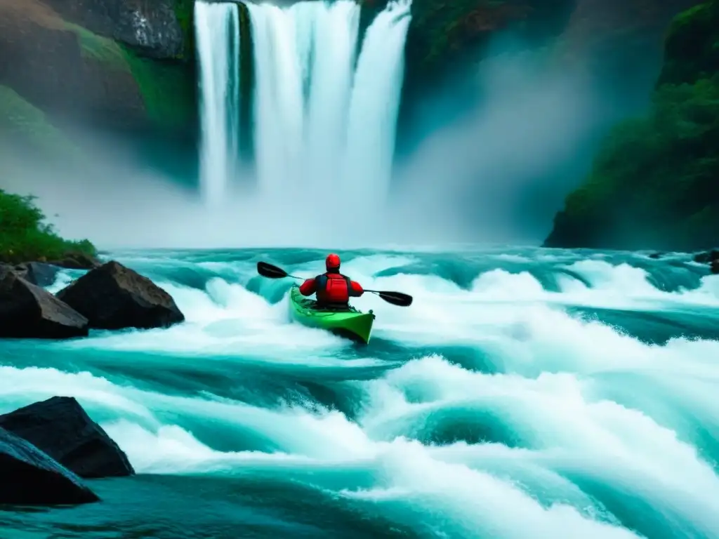 Un kayak solitario se acerca a una cascada tumultuosa, representando la emoción y el riesgo en destinos peligrosos para kayakistas