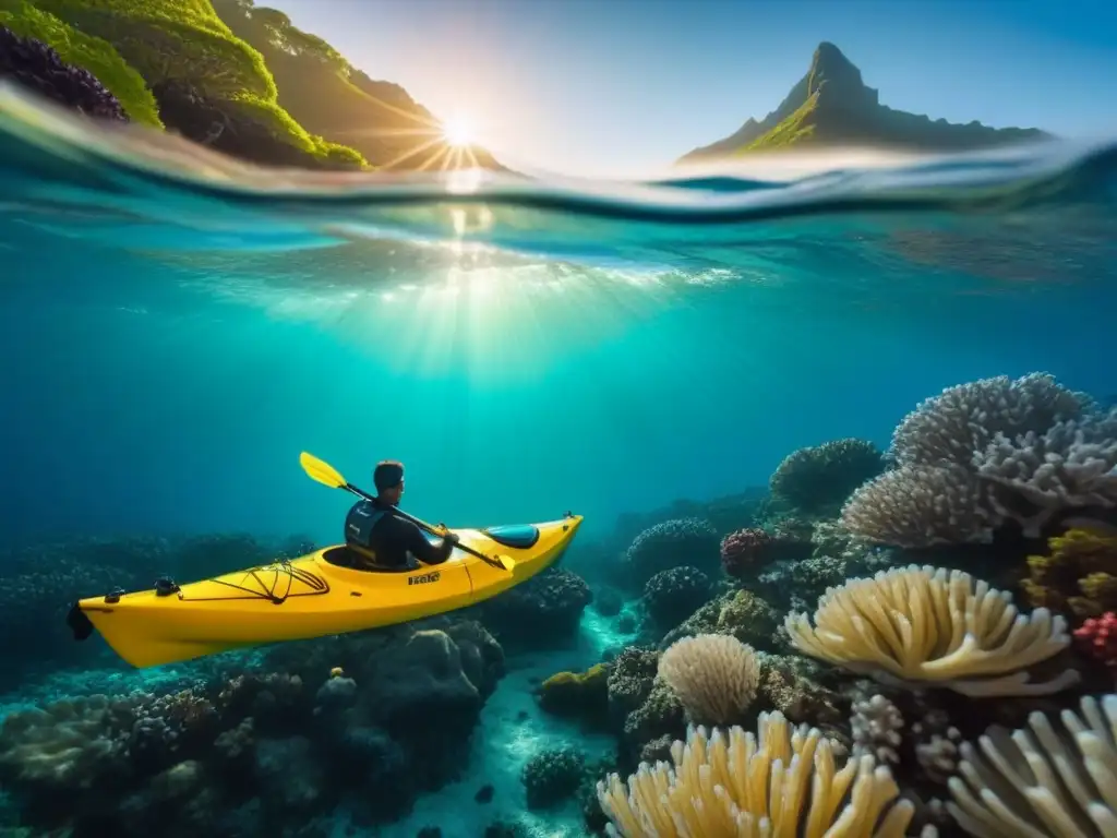 Un kayak solitario flota sobre corales vibrantes en un océano sereno