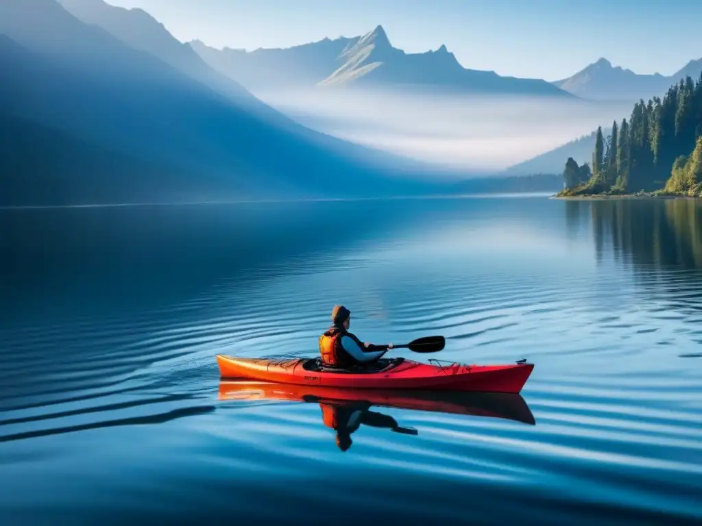 Un kayak solitario en un lago al amanecer transmite calma y seguridad