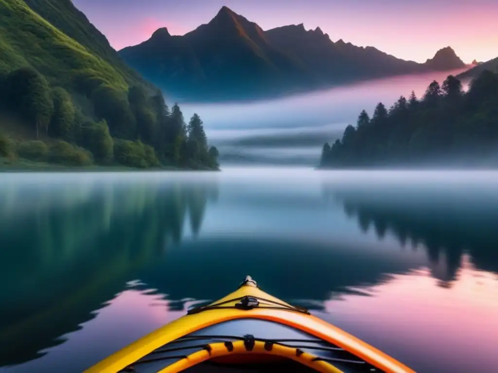 Un kayak solitario surca un lago al amanecer, rodeado de montañas neblinosas