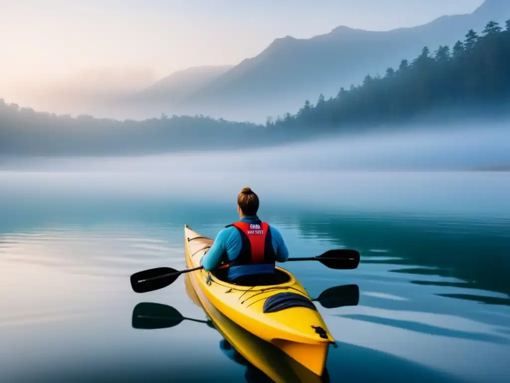 Un kayak solitario flota en un lago sereno al amanecer, rodeado de neblina, reflejándose en el agua