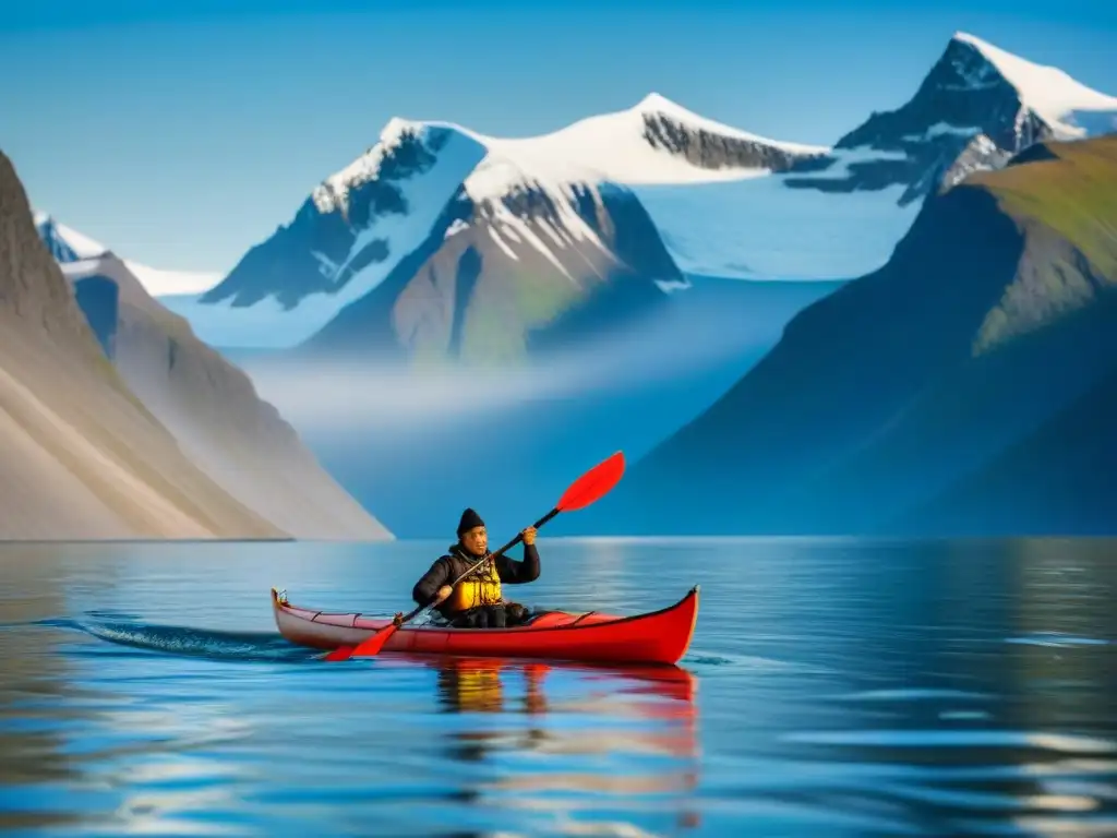 Un kayak Inuit tradicional surca sereno las aguas, rodeado de majestuosas montañas nevadas bajo un cielo azul