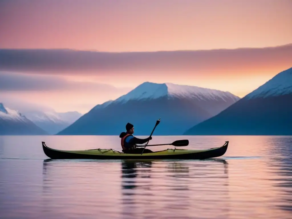 Un kayak inuit tradicional deslizándose sereno en aguas tranquilas, rodeado de montañas nevadas al atardecer