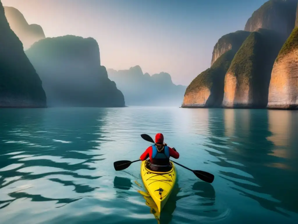 Un kayaker en un lago tranquilo rodeado por altos acantilados al atardecer