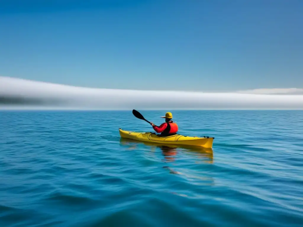 Un kayaker solitario rema en aguas abiertas bajo un cielo despejado, transmitiendo la preparación para el kayak en aguas abiertas