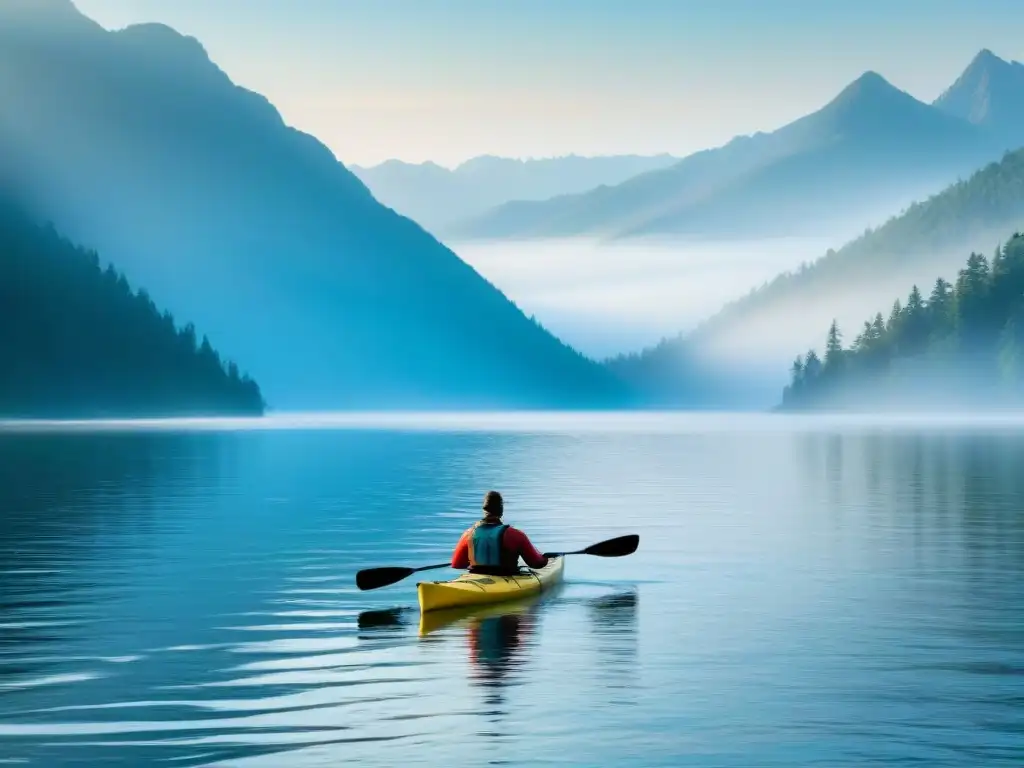 Un kayaker solitario surca un lago al amanecer, rodeado de montañas neblinosas