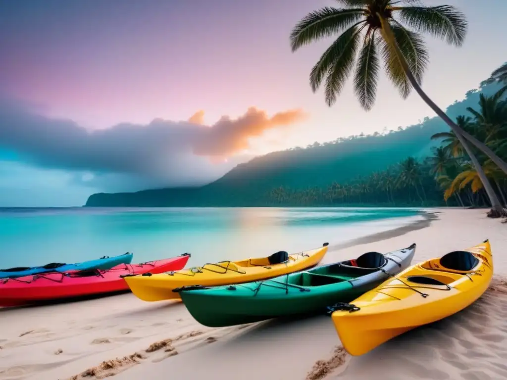 Kayaks en destinos exóticos: Atardecer sereno en playa tropical con coloridos kayaks en la orilla, reflejando el cielo anaranjado y rosa