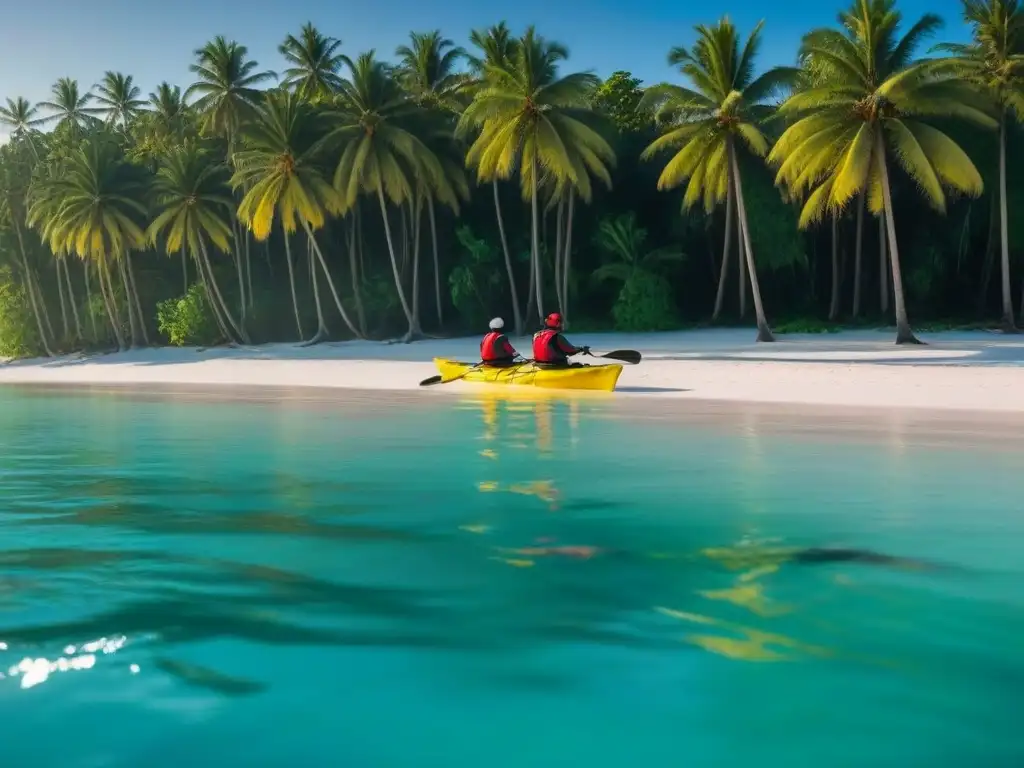 Dos kayaks elegantes flotando en aguas turquesas, rodeados de palmeras verdes en una isla tropical remota al atardecer