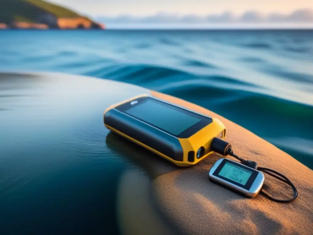 Un kit de supervivencia de alta tecnología flotando en un tranquilo y extenso océano