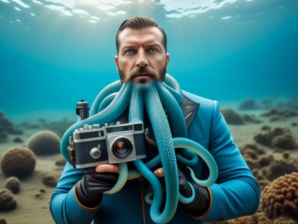 Un kraken colosal abraza una cámara vintage, fusionando mito y ciencia para fotografiar calamares gigantes en cruceros
