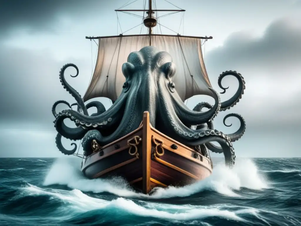 Un kraken majestuoso emerge del océano hacia un barco en apuros, evocando las leyendas marítimas de la cultura popular