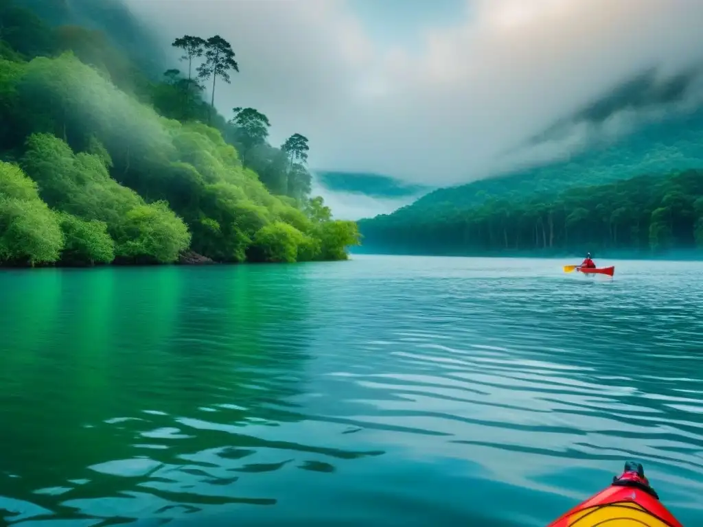 Excursión en kayak por un lago sereno rodeado de exuberante vegetación, con un kayak deslizándose pacíficamente en el agua