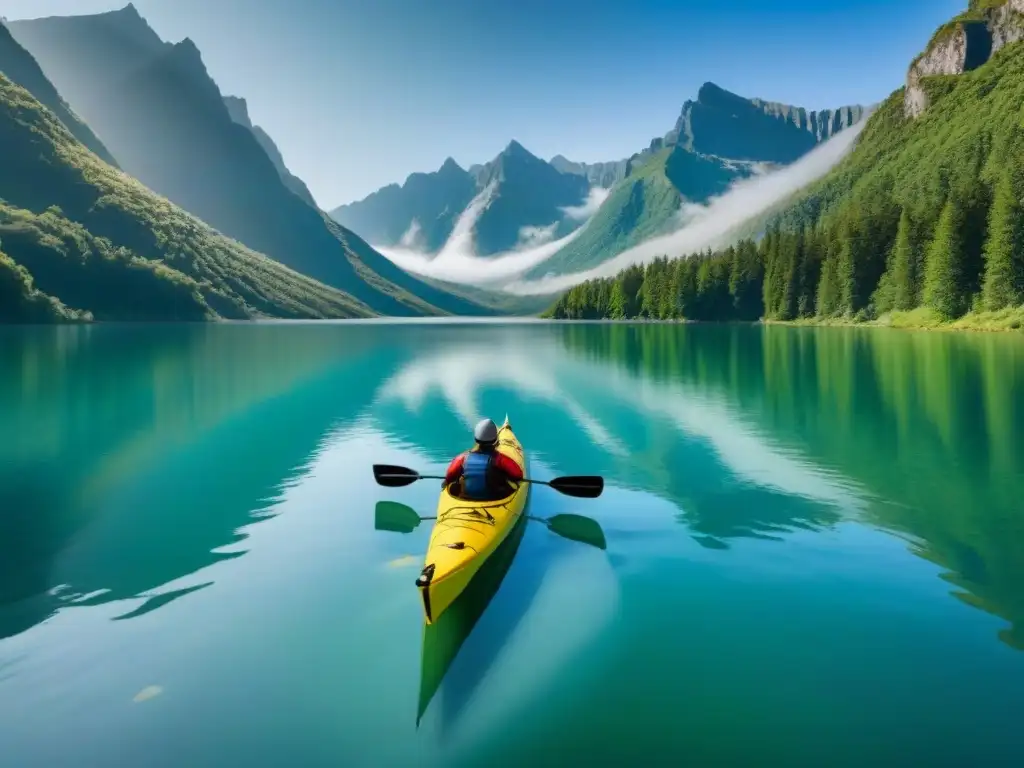 Un lago sereno rodeado de imponentes montañas, con un kayak solitario flotando en aguas tranquilas