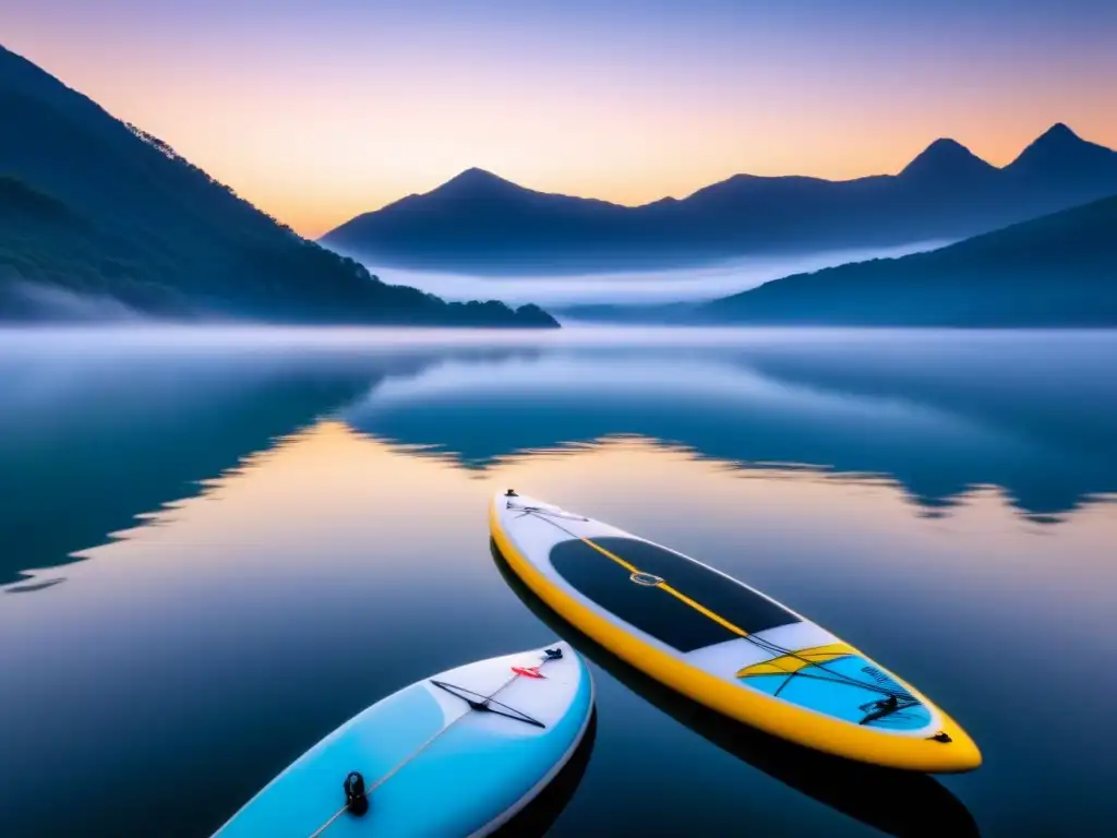 Paddleboard en lago tranquilo al amanecer, rodeado de neblina y montañas lejanas