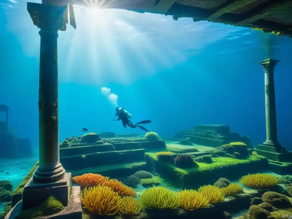 La legendaria ciudad perdida de Atlántida emerge bajo el mar, envuelta en misterio y belleza marina