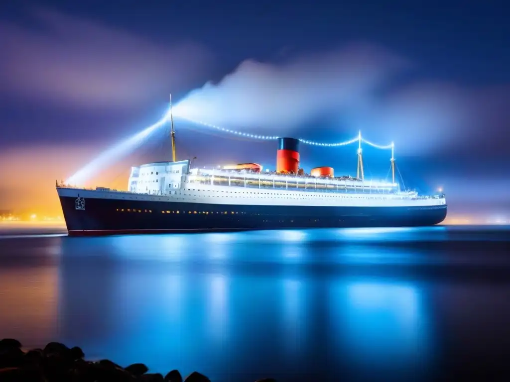 La legendaria Reina María iluminada de noche en un ambiente sereno y misterioso, ideal para barcos encantados turismo marítimo