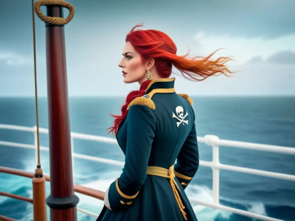 La legendaria reina pirata Grace O'Malley, con fuerza y liderazgo, mirando al mar en su atuendo pirata tradicional