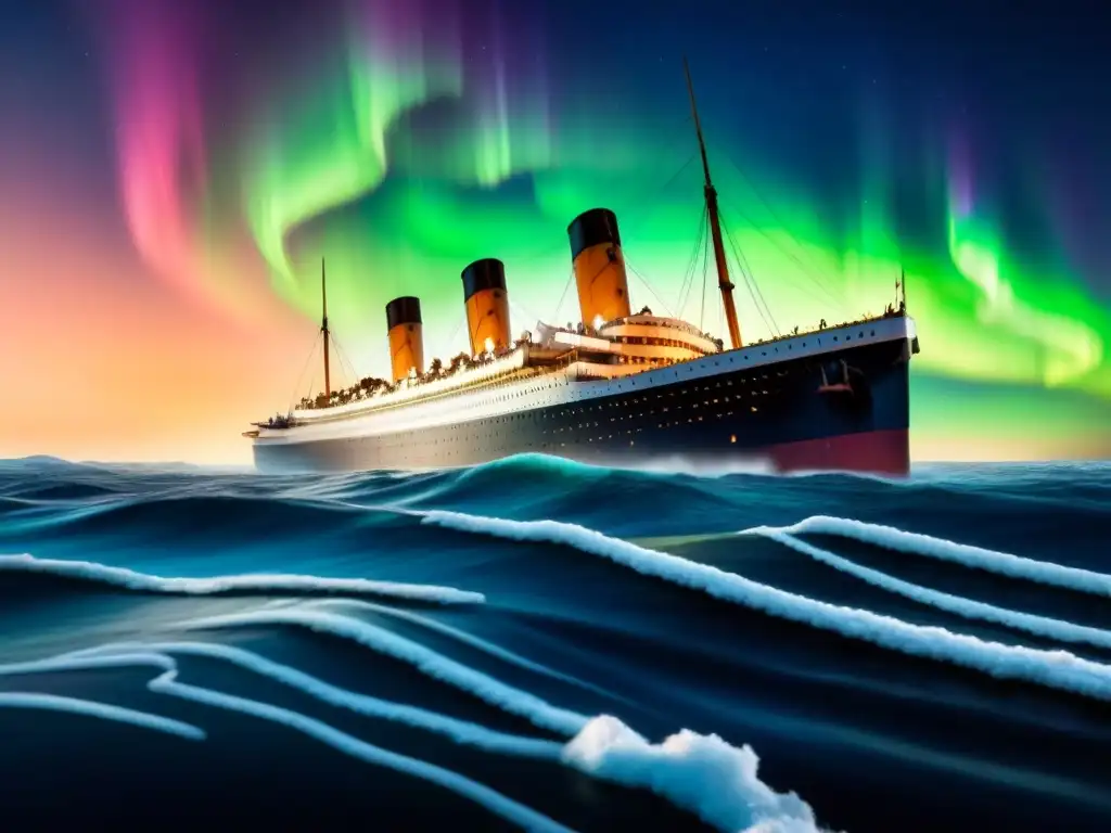 El legendario Titanic se hunde en las frías aguas del Atlántico Norte, con una aurora boreal de fondo