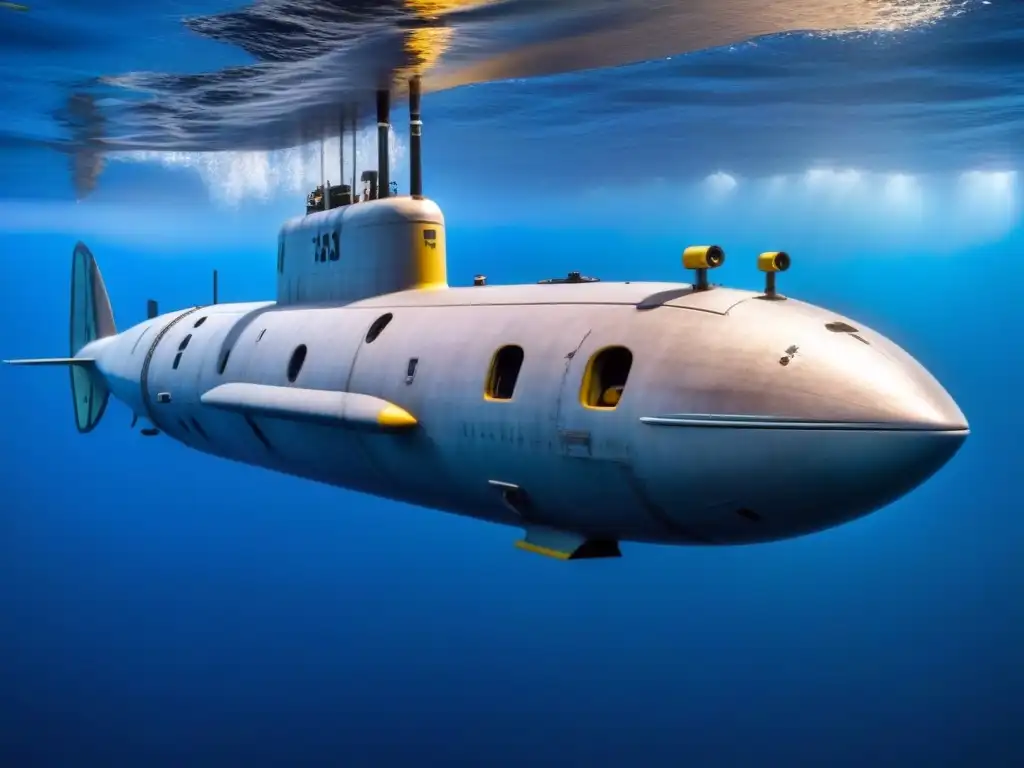 El legendario USS Nautilus, primer submarino nuclear, deslizándose elegante bajo el mar junto a peces coloridos