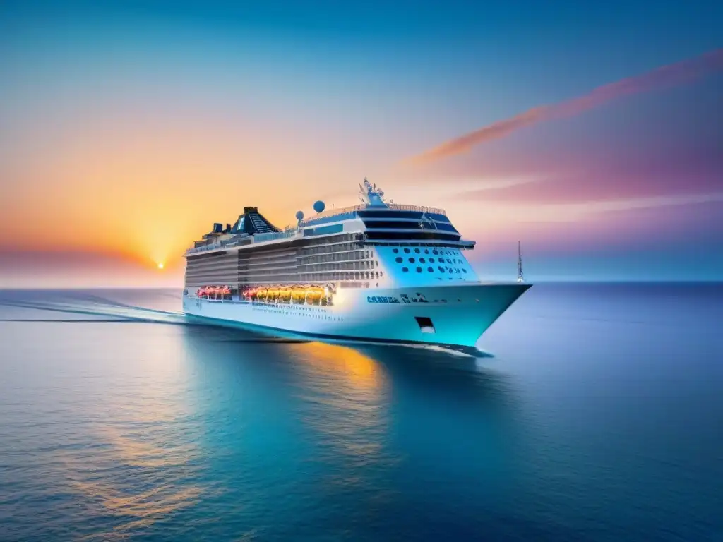 Transformación Norwegian Cruise Line turismo marítimo: Un crucero de lujo navega en aguas turquesas al atardecer