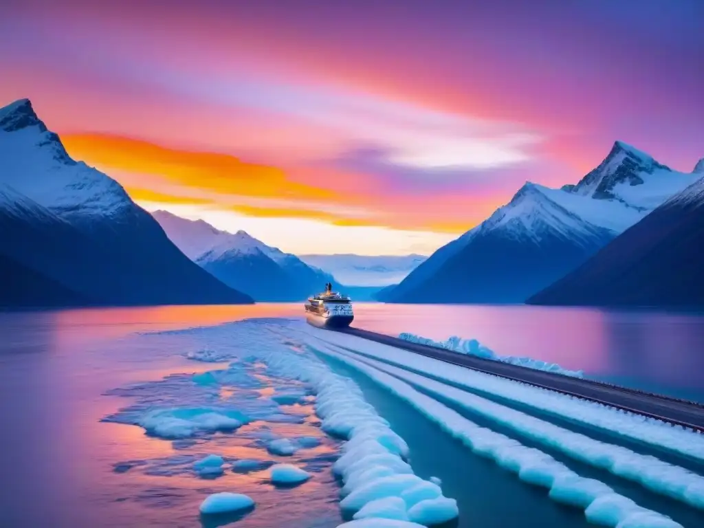 Expedición en líneas de cruceros por rutas inusuales: un crucero moderno navega entre montañas nevadas al atardecer rosa y naranja