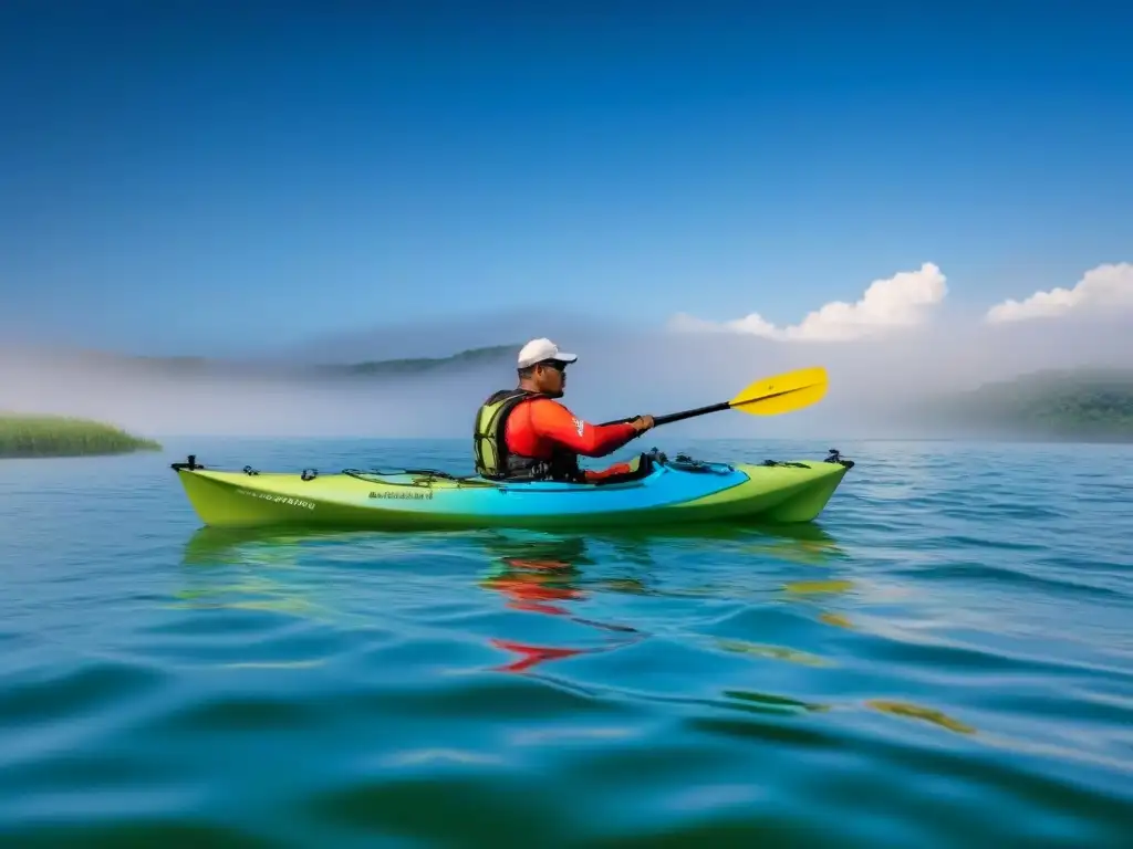 Listo para la aventura: kayak en aguas abiertas con equipo necesario bajo cielo azul