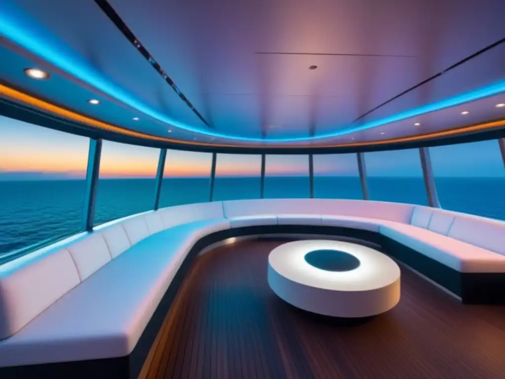 Un lounge de realidad virtual futurista en un crucero, con decoración blanca y plateada