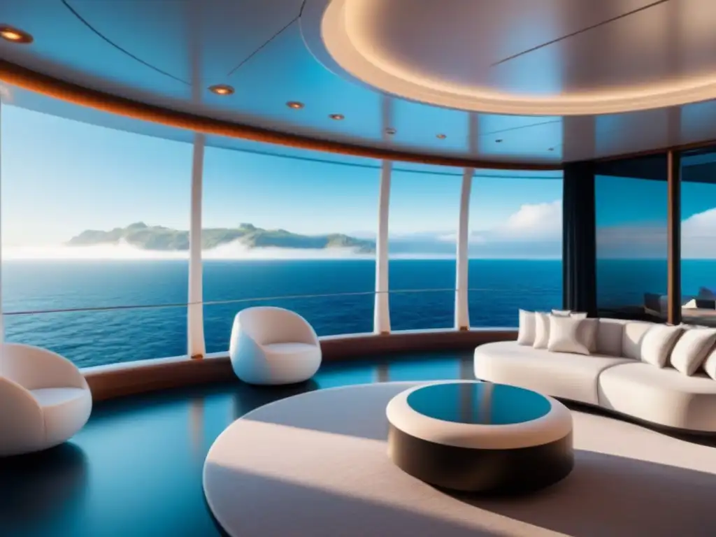 Un lounge de realidad virtual futurista en un crucero, con diseño blanco y plateado, auriculares VR colgando y ventana panorámica digital