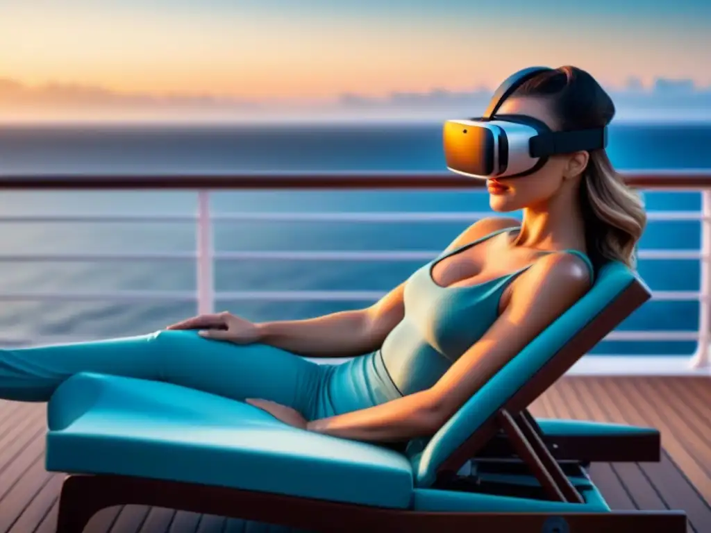 'Relajación y lujo al atardecer en un crucero, con auriculares de realidad virtual