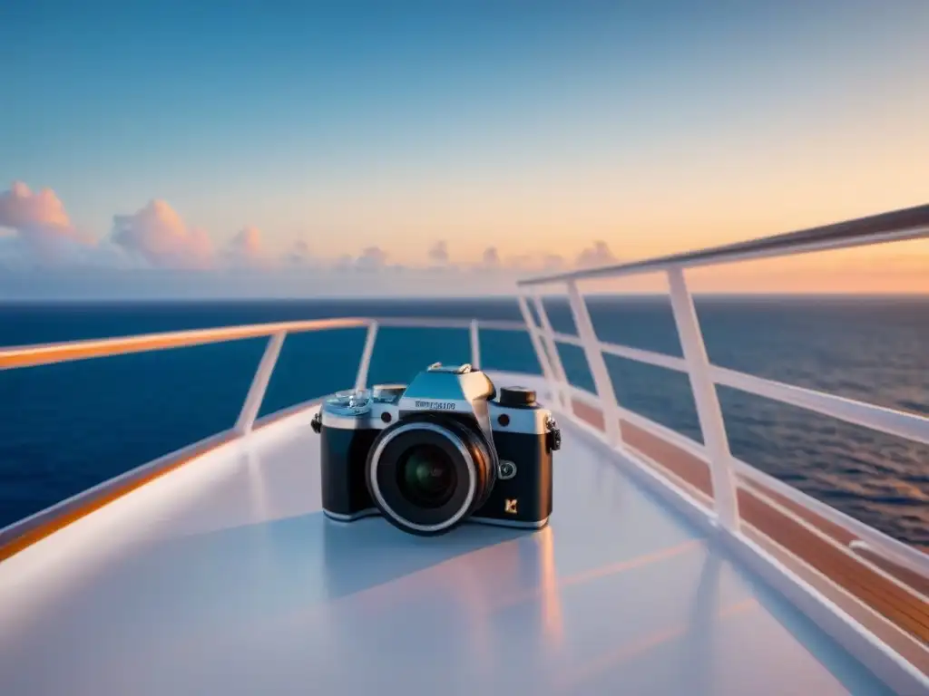 Camera de lujo sobre crucero blanco al atardecer, reflejando elegancia y serenidad