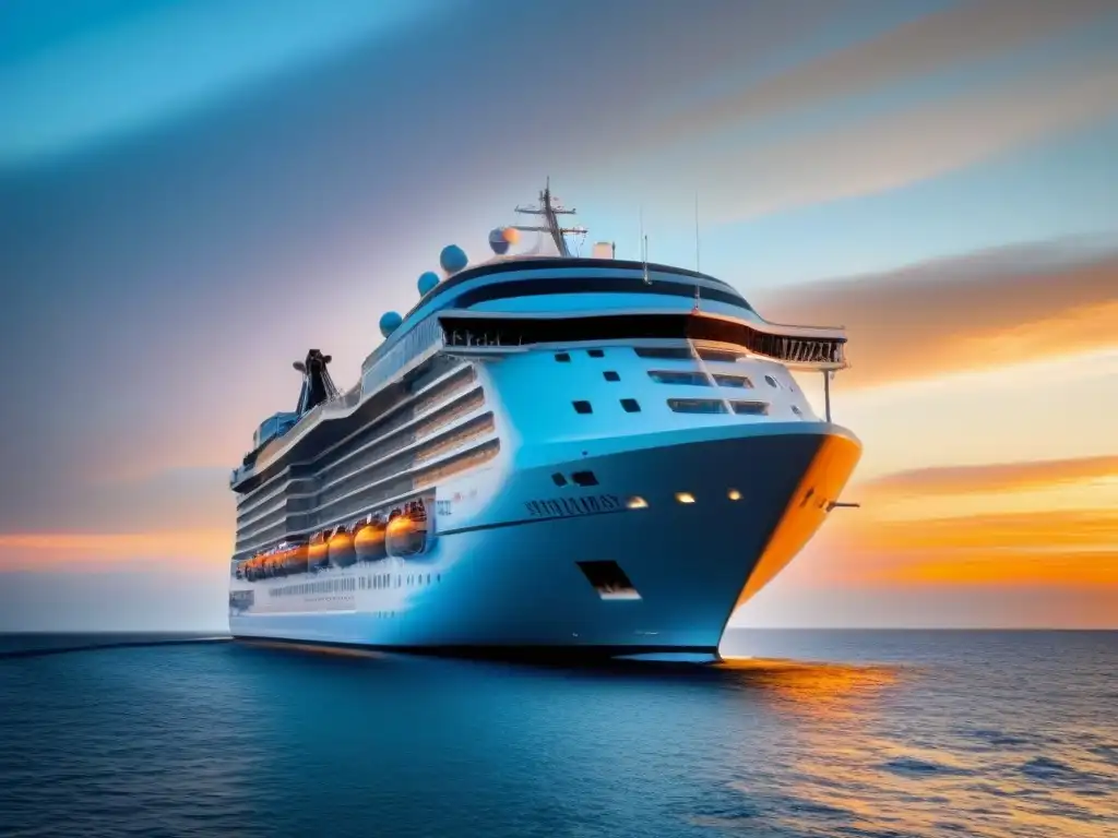 Una fotografía de lujo en cruceros: un elegante barco navegando al atardecer en aguas tranquilas, bañado en cálida luz dorada