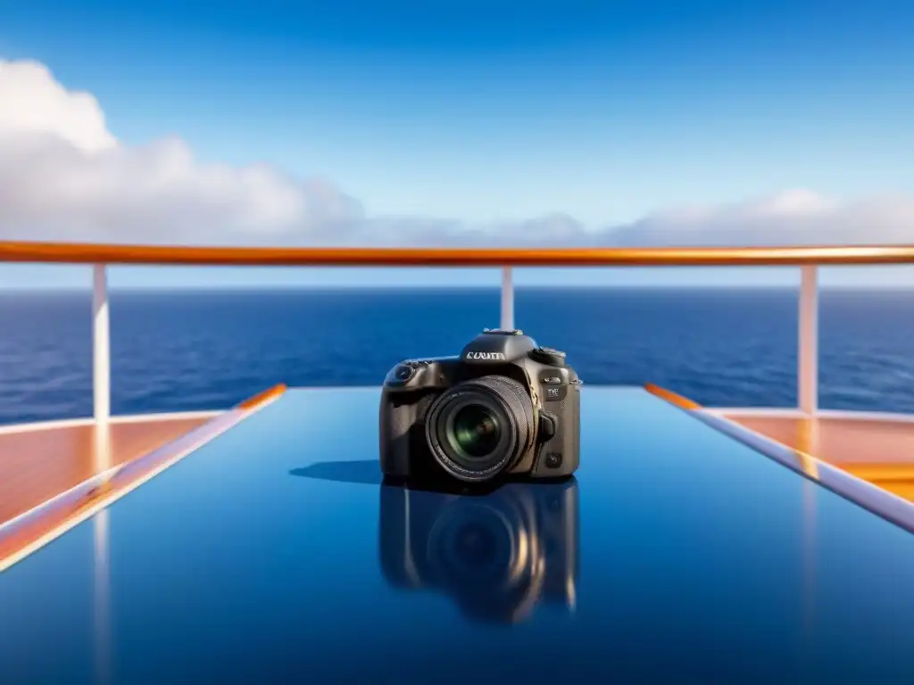 Fotografía de lujo en cruceros: cámara moderna en cubierta de barco frente al mar azul infinito y cielo despejado