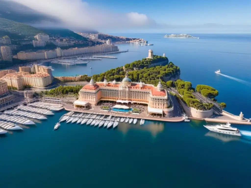 Explora el lujo de Mónaco con el icónico Casino de Monte Carlo, yates en el puerto y la ciudad al fondo