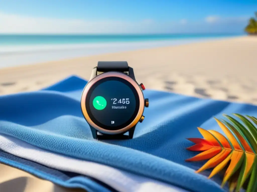 Reloj inteligente y auriculares en la playa Lujo en la playa: smartwatch y auriculares inalámbricos junto a una toalla en la arena