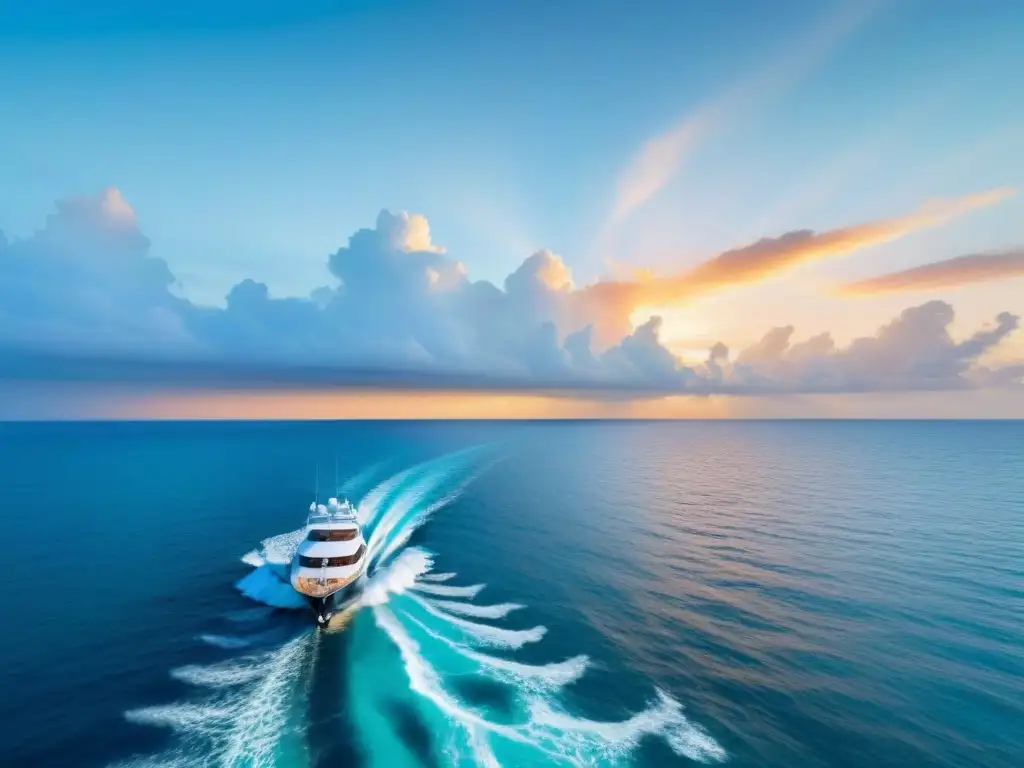 Yate de pesca de lujo en aguas turquesa al atardecer Lujo y serenidad en crucero de pesca deportiva en aguas turquesa al atardecer