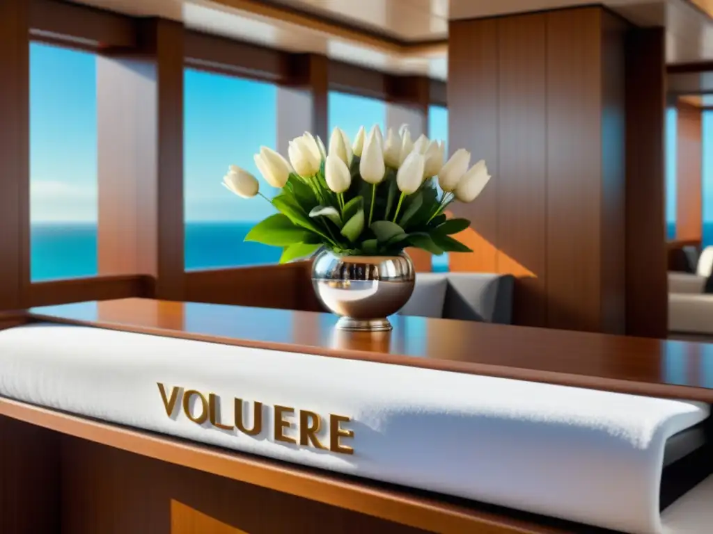 Un rincón de lujo y sofisticación en un crucero, mostrando un elegante escritorio de concierge con toallas blancas y flores frescas