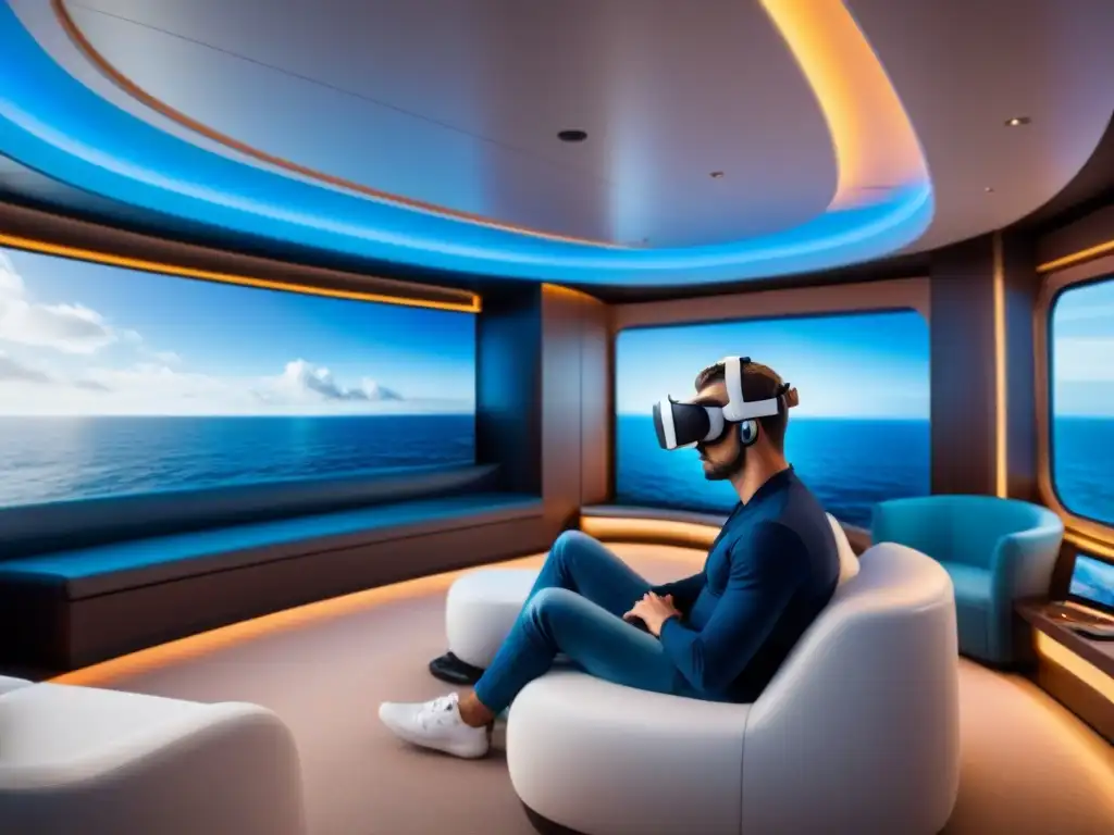 Lujo y tecnología inmersiva en cruceros marítimos: lounge de realidad virtual con vistas al mar digital