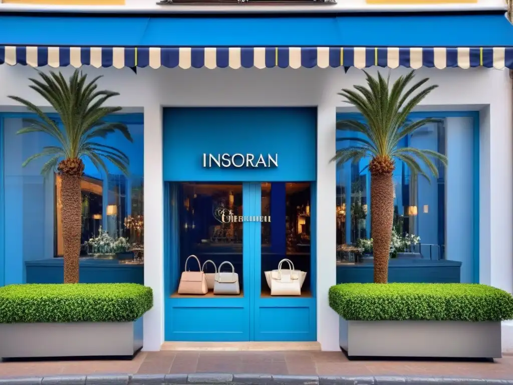 Boutique de lujo en Cannes: escaparate elegante entre palmeras Una lujosa boutique en Cannes con escaparates elegantes de bolsos y accesorios de diseñador, rodeada de palmeras y cielo azul
