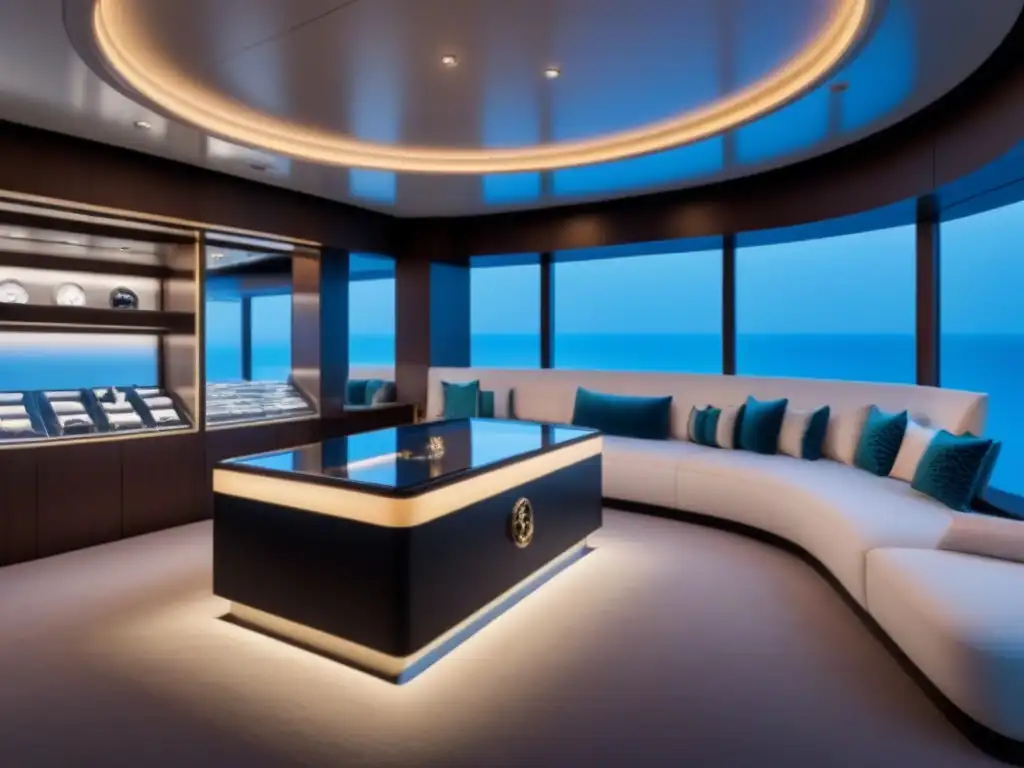 Boutique de lujo en crucero: bolsos, joyas y relojes exclusivos Una lujosa boutique en un crucero con elegantes bolsos, joyas brillantes y exclusivos relojes bajo una iluminación suave y sofisticada