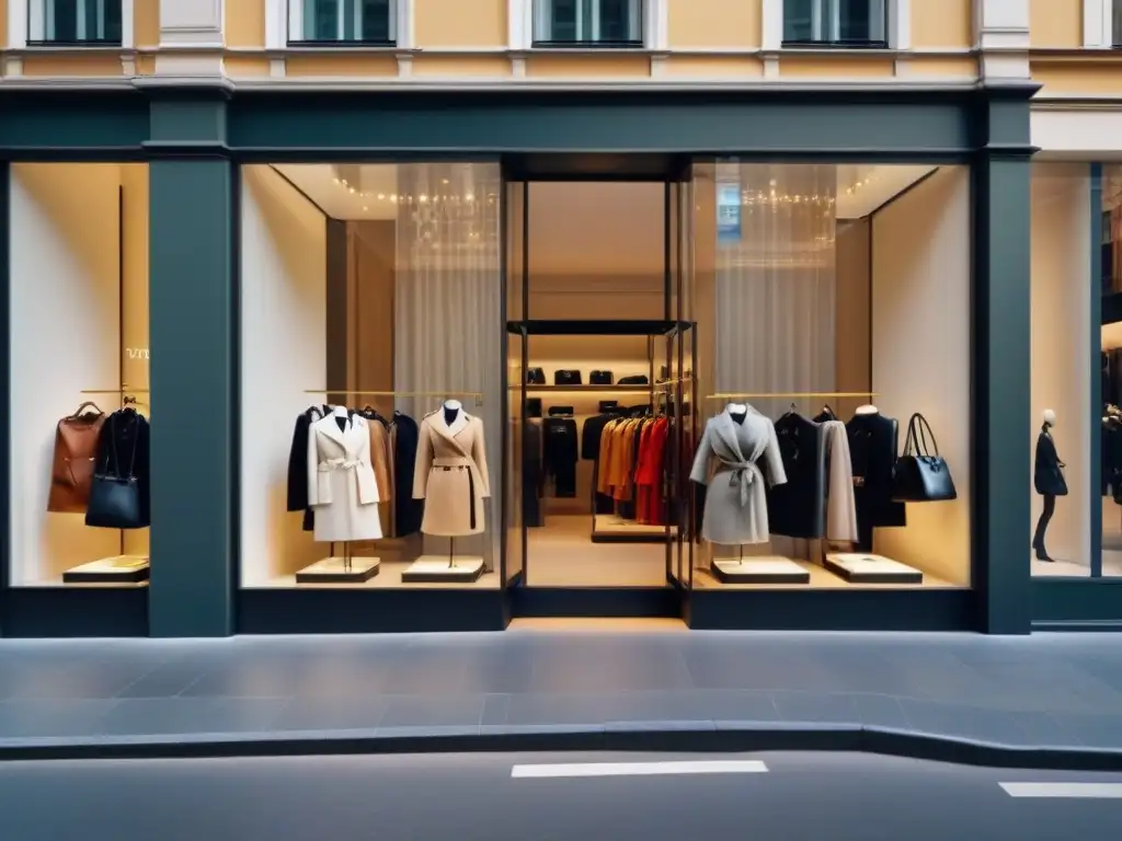 Tienda de lujo en Milán: escaparate elegante y exclusivo Una lujosa boutique en Milán con diseño minimalista y exclusivas marcas de moda