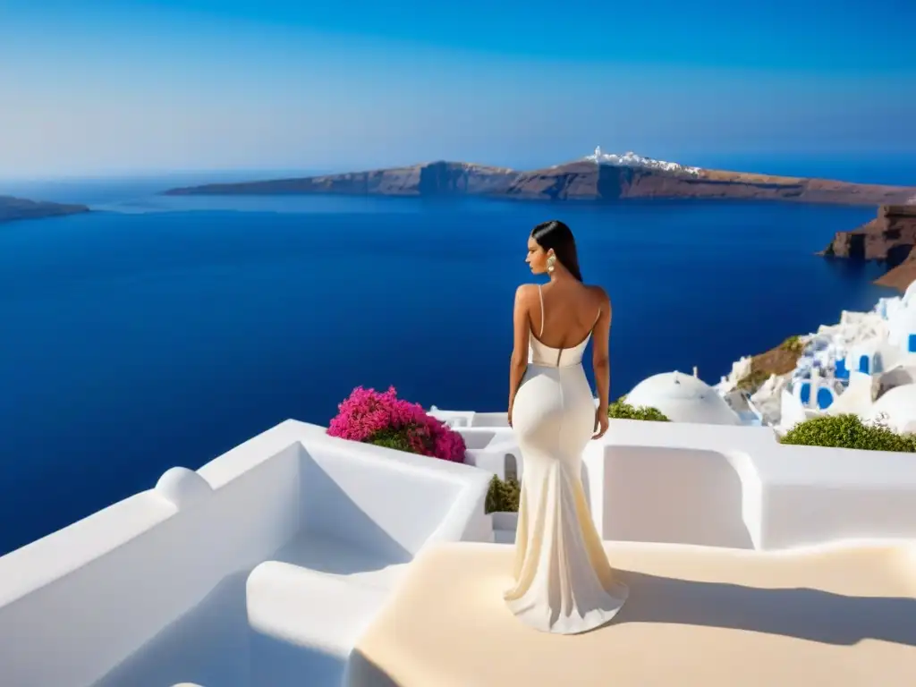 Una lujosa boutique de moda en Santorini, con maniquíes elegantes y telas lujosas, frente al mar y la caldera