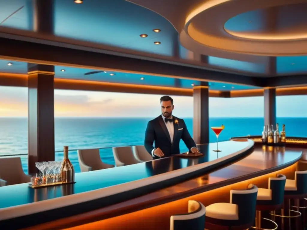 Una lujosa clase de mixología en un crucero, con un elegante bar y pasajeros fascinados, al atardecer en alta mar