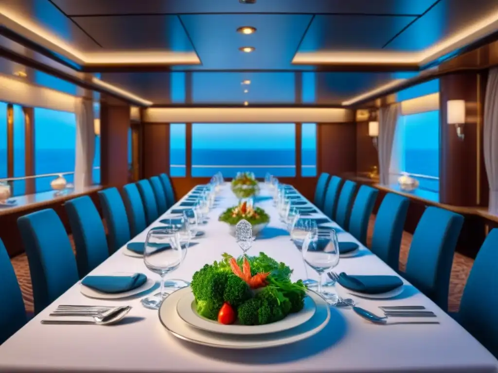 Una lujosa cocina de alta gama en cruceros, con elegante diseño moderno, iluminación ambiental suave y exquisita vajilla y cristalería