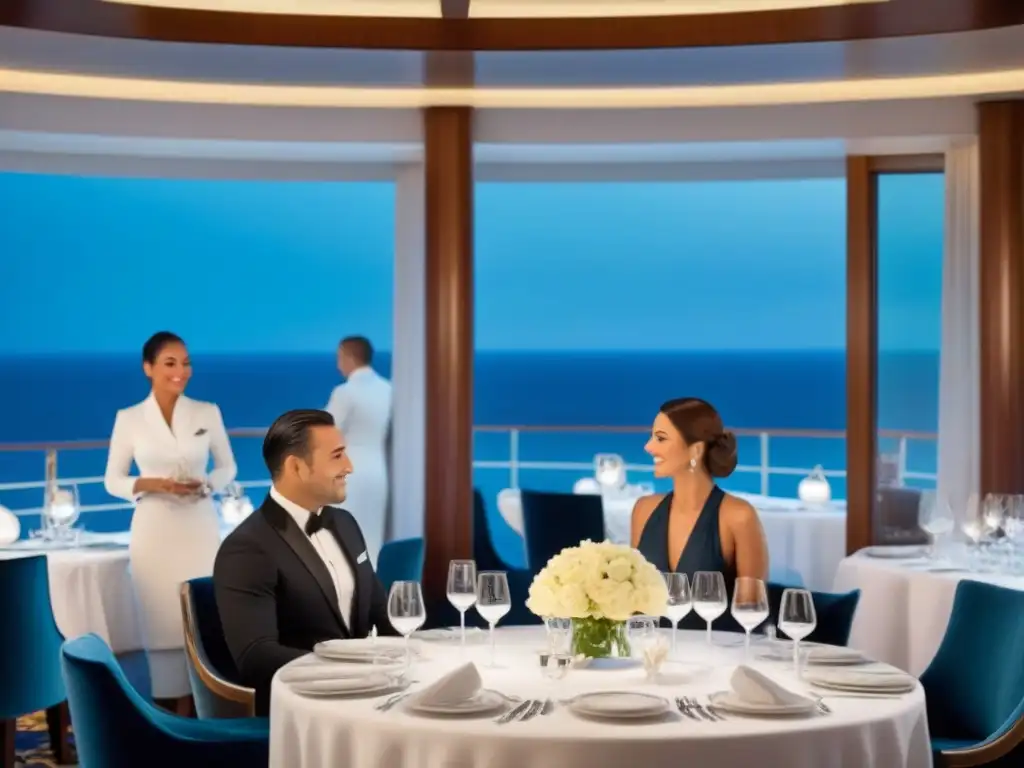 Una lujosa cocina internacional en cruceros de lujo, con elegantes arreglos de mesa y fina vajilla en un comedor iluminado