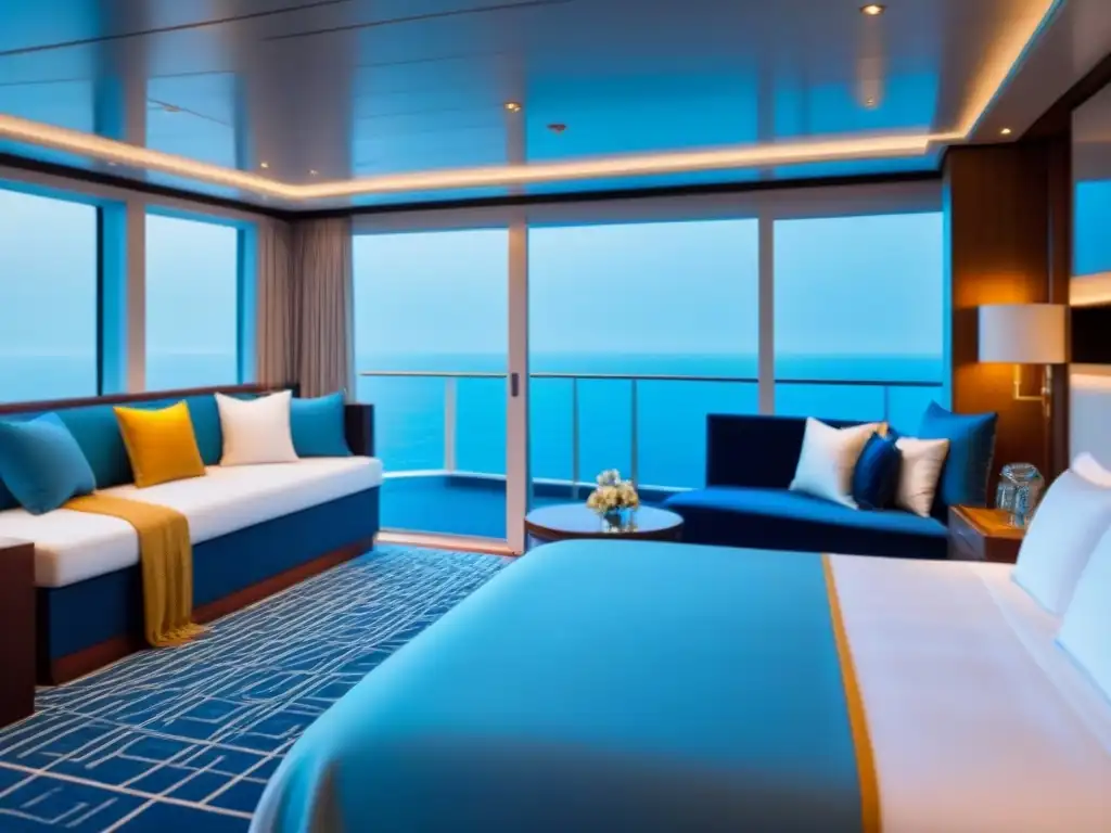 Una lujosa y espaciosa suite VIP en un crucero de lujo, con mobiliario moderno elegante y vistas al mar