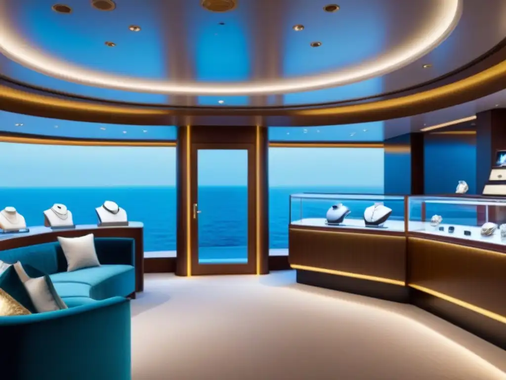 Joyería de lujo en crucero: diamantes y perlas en alta mar Una lujosa joyería en un crucero de lujo, con diamantes brillantes y anillos de gemas