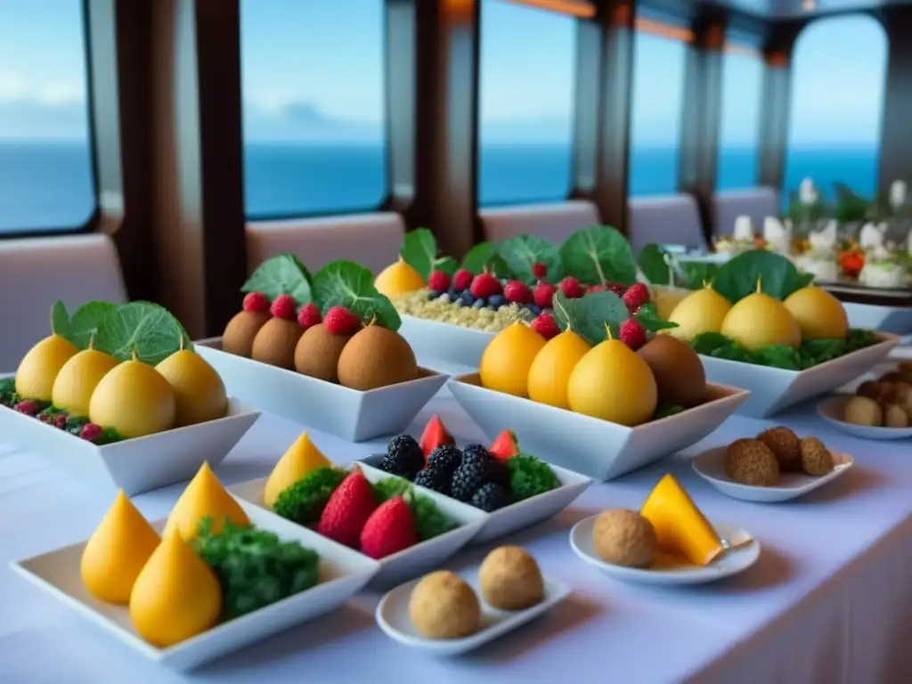 Una lujosa mesa de buffet en crucero con exquisitas opciones veganas en cruceros