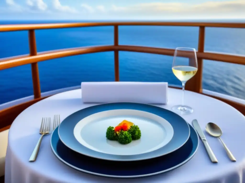 Una lujosa mesa de comedor en un crucero marítimo, con deliciosos platillos halal presentados elegantemente, con el mar y cielo azul de fondo