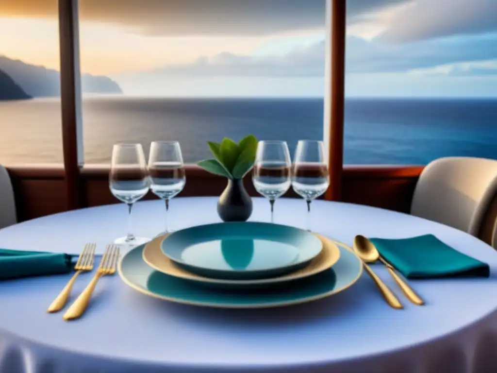 Una lujosa mesa de comedor en cubierta de crucero, con vista al mar y elegante vajilla