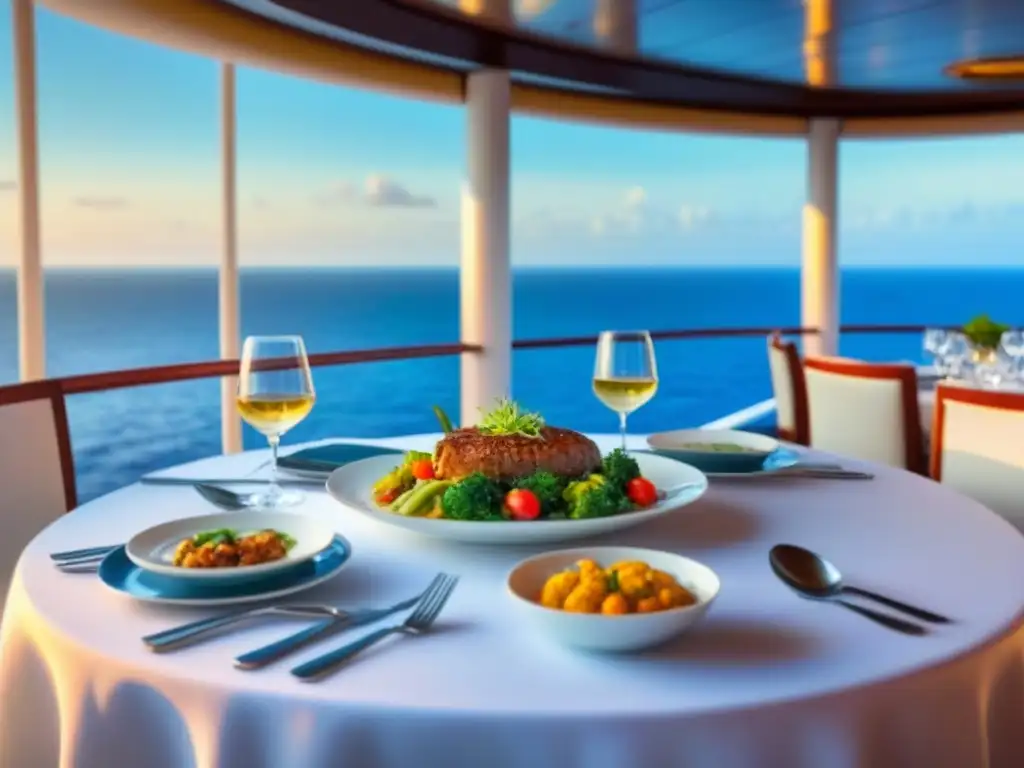 Una lujosa mesa de comedor en la cubierta de un crucero, con platos coloridos y cubiertos elegantes, frente al mar